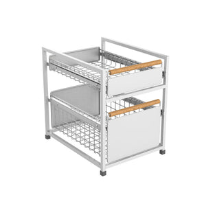2-Tier Pull-Out Drawer Storage Organiser with Wooden Handles