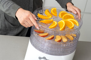Woman adding a tray with a layer of oranges to the top of the Digital Food Dehydrator.