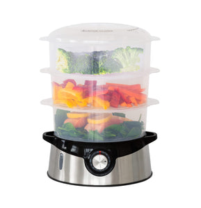 3 Tier Food Steamer fully loaded with vegetables and fish on all three levels.