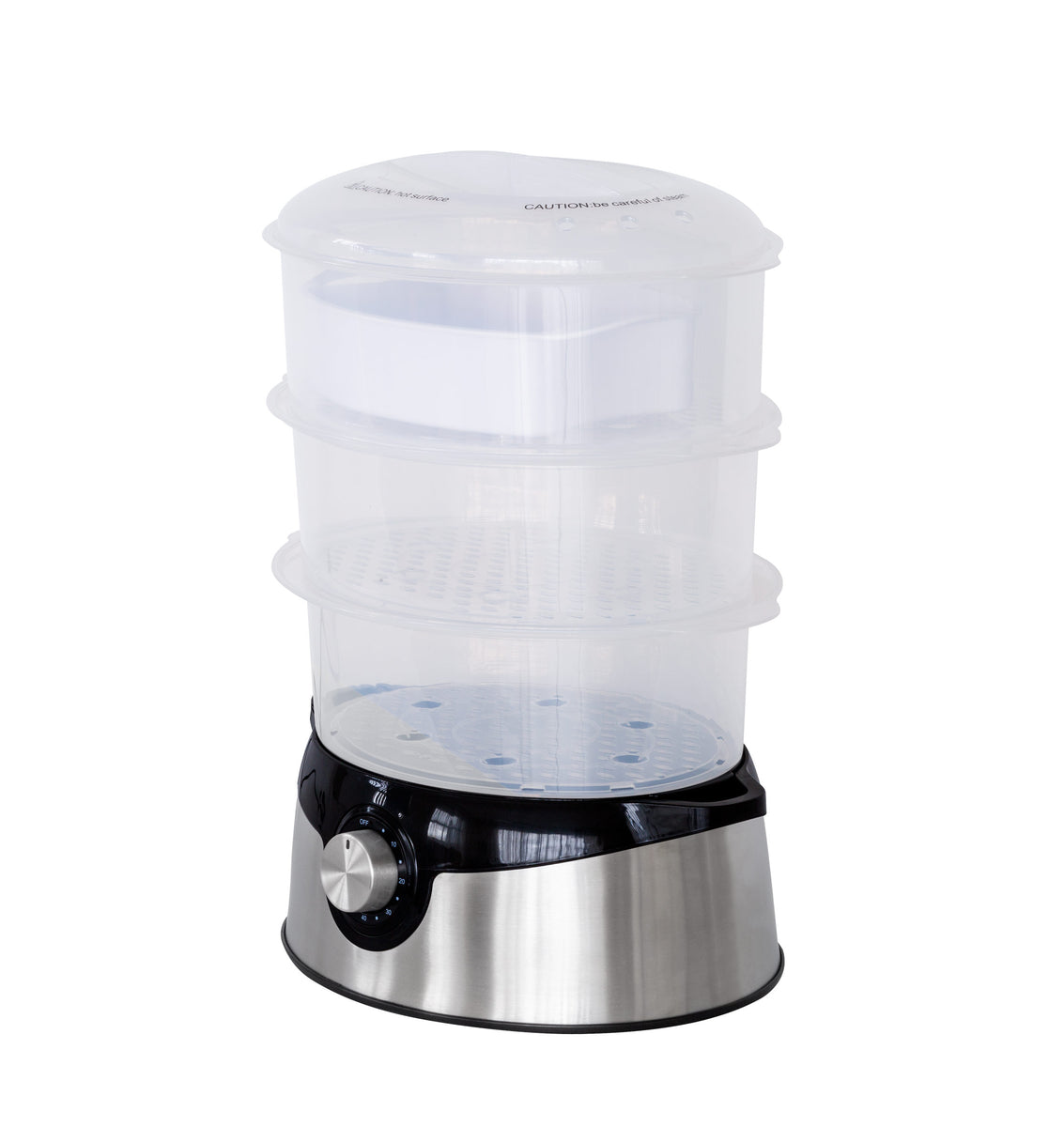 3 Tier Food Steamer with Stainless Steel Base and rice bowl.