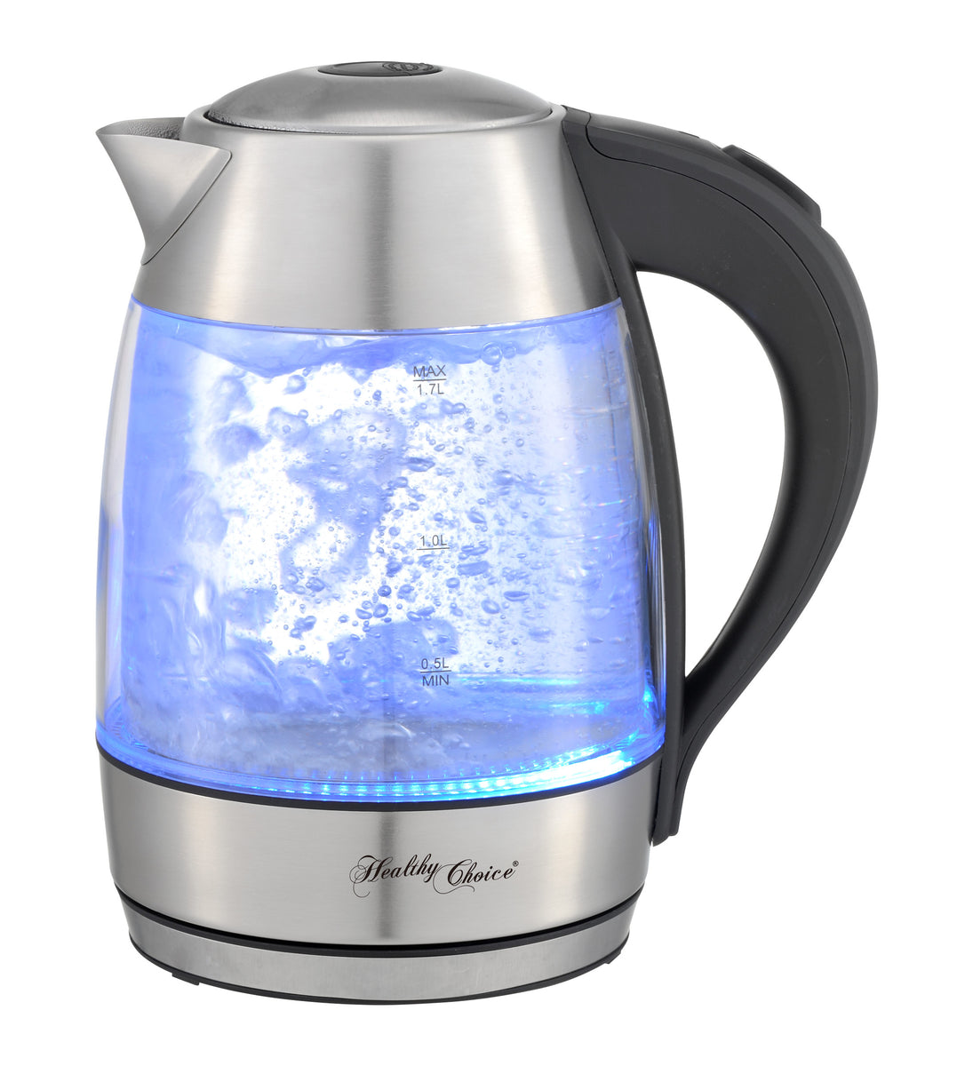 Blue LED illumination in the 1.7L glass kettle.