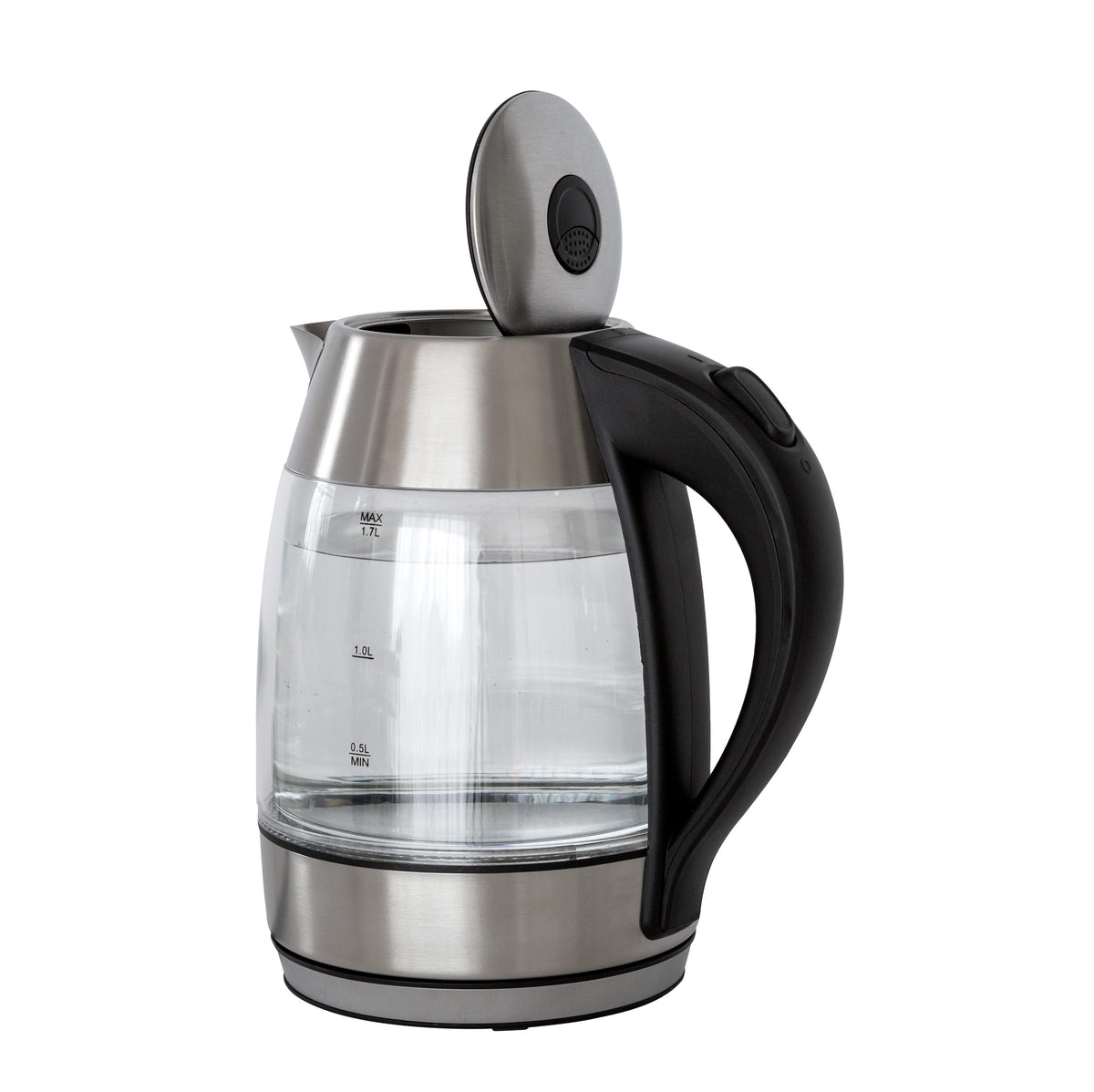 1.7L glass kettle with the lid open.
