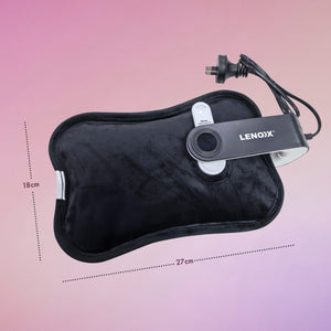 Rechargeable Electric Hot Water Bottle with dimensions marked on a pink gradient background.