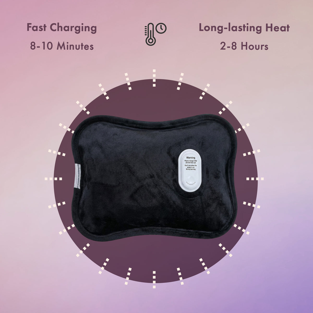 Black Rechargeable Electric Hot Water Bottle with charging and heat duration information on a purple background