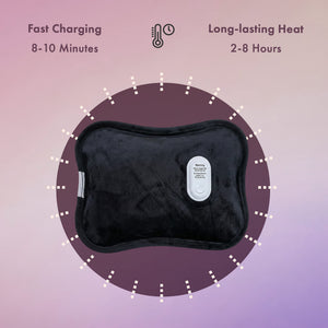Black Rechargeable Electric Hot Water Bottle with charging and heat duration information on a purple background