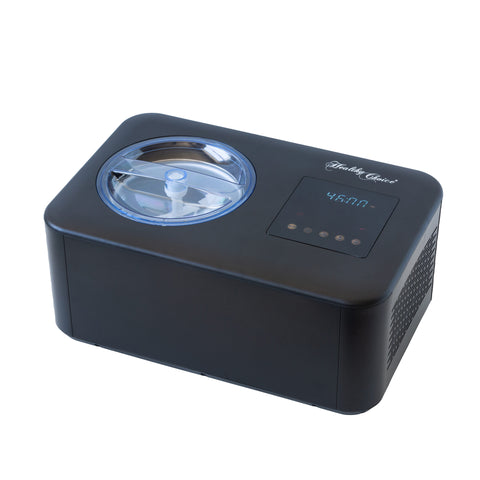 Ice cream maker with built-in compressor and LED screen on white background.