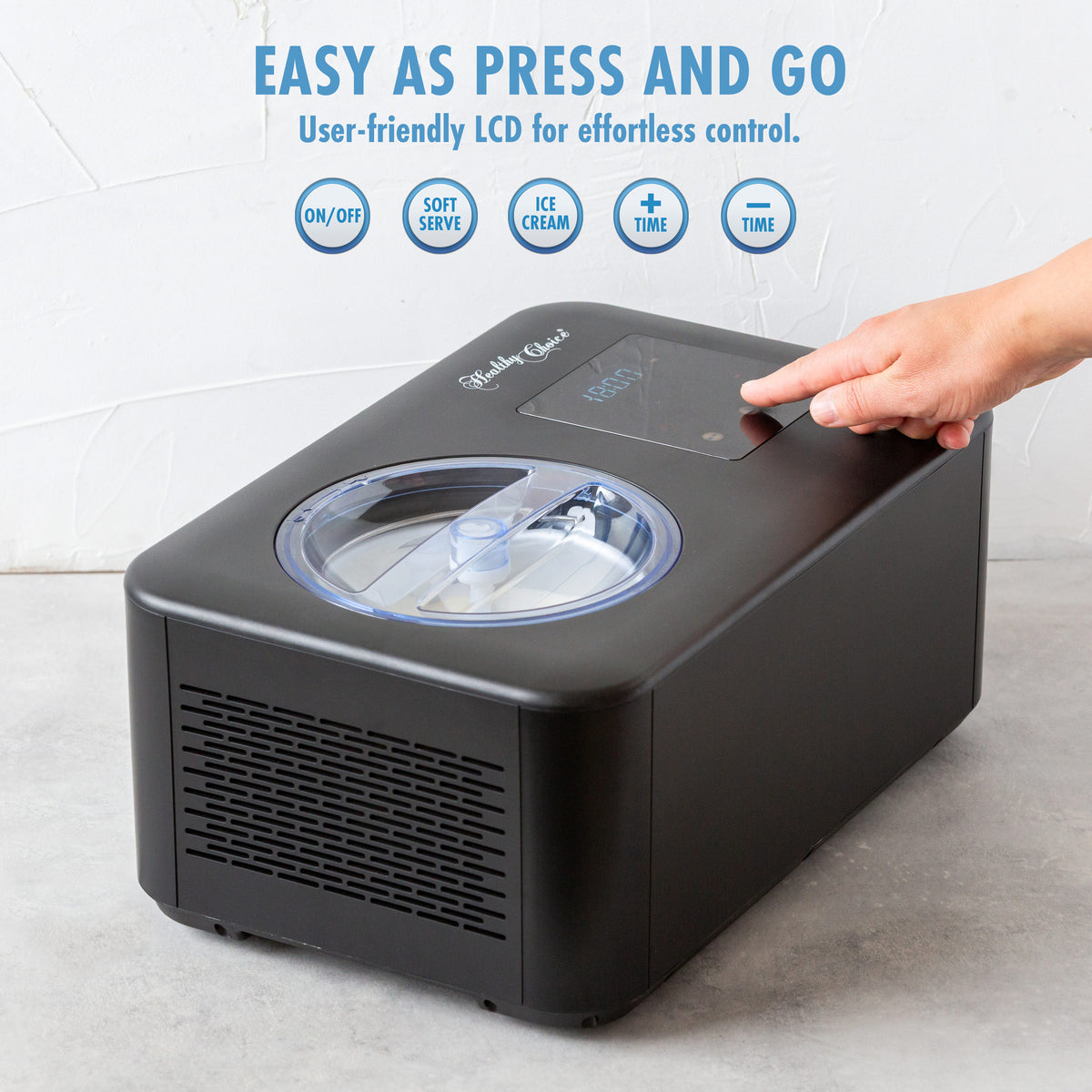Black ice cream maker with user-friendly LCD control panel on a light background