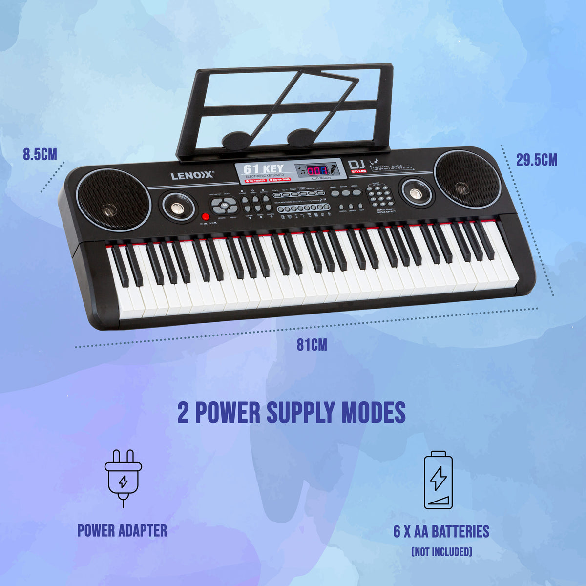 Lenoxx keyboard with dimensions and power supply mode details on a blue background