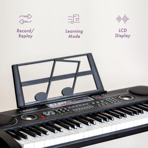Keyboard with music stand and features listed on a light background