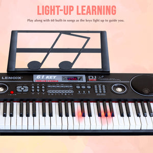 Lenoxx 61-key electronic keyboard with light-up keys on a pink background