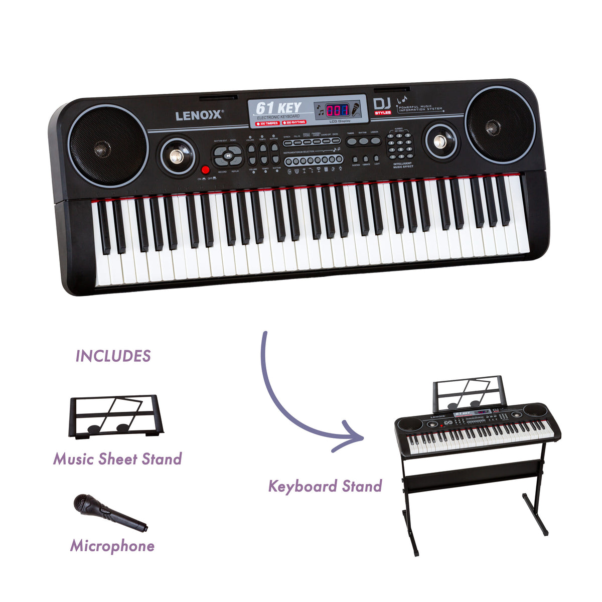 Lenoxx electronic keyboard with music sheet stand, keyboard stand, and microphone on a white background
