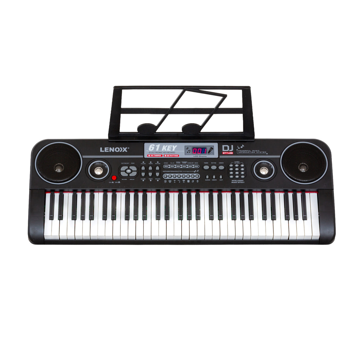Lenoxx electronic keyboard with music sheet stand on a white background