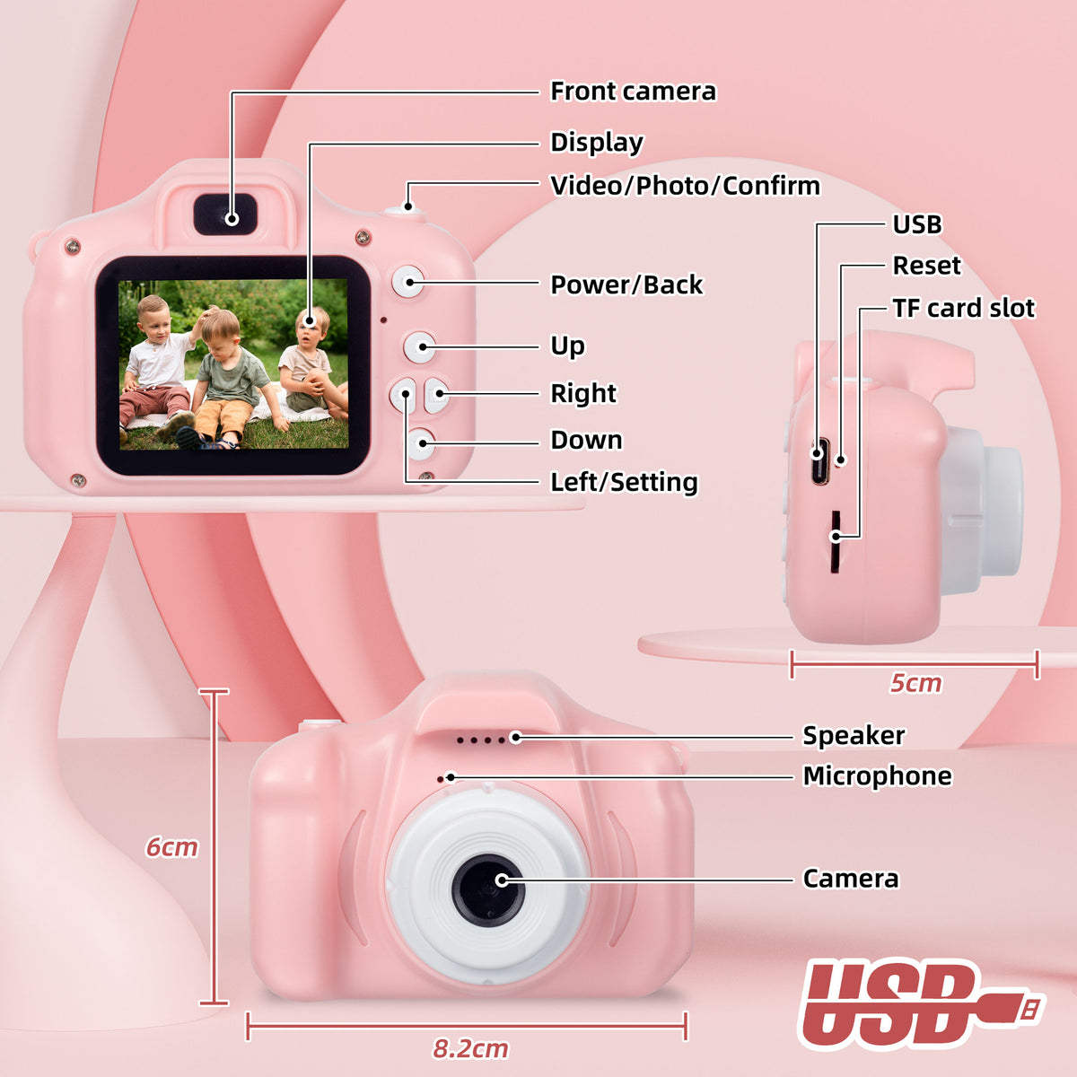 Kids Digital Dual Lens Camera, 4x Zoom and HD Video Recording - Pink/Blue