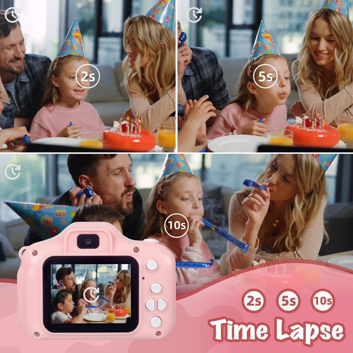 Kids Digital Dual Lens Camera, 4x Zoom and HD Video Recording - Pink/Blue
