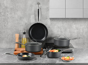 8-Piece Cookware Set with Non-stick Coating and Glass Lids in a modern kitchen