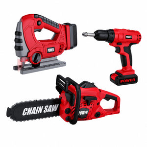 Kids 3-Piece Battery-Powered Toy Power Tool Set - Drill, Jigsaw & Chainsaw