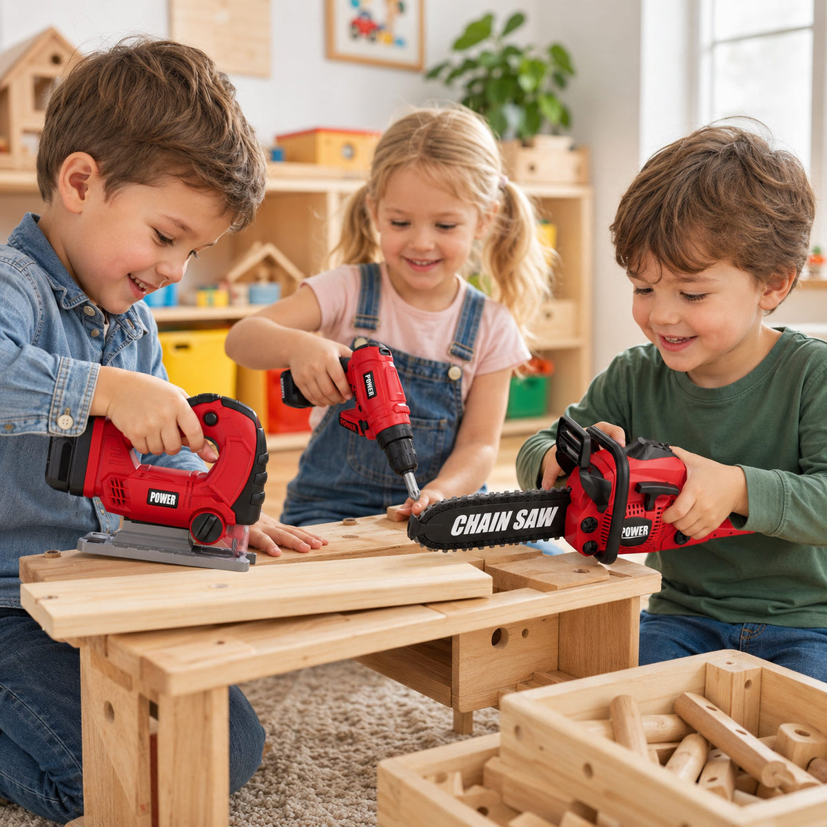 Kids 3-Piece Battery-Powered Toy Power Tool Set - Drill, Jigsaw & Chainsaw