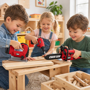 Kids 3-Piece Battery-Powered Toy Power Tool Set - Drill, Jigsaw & Chainsaw