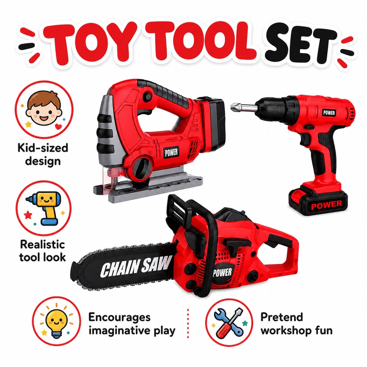 Kids 3-Piece Battery-Powered Toy Power Tool Set - Drill, Jigsaw & Chainsaw
