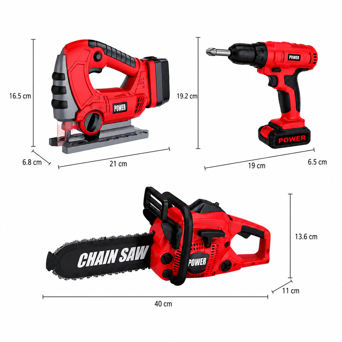 Kids 3-Piece Battery-Powered Toy Power Tool Set - Drill, Jigsaw & Chainsaw