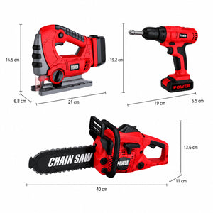 Kids 3-Piece Battery-Powered Toy Power Tool Set - Drill, Jigsaw & Chainsaw