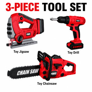 Kids 3-Piece Battery-Powered Toy Power Tool Set - Drill, Jigsaw & Chainsaw
