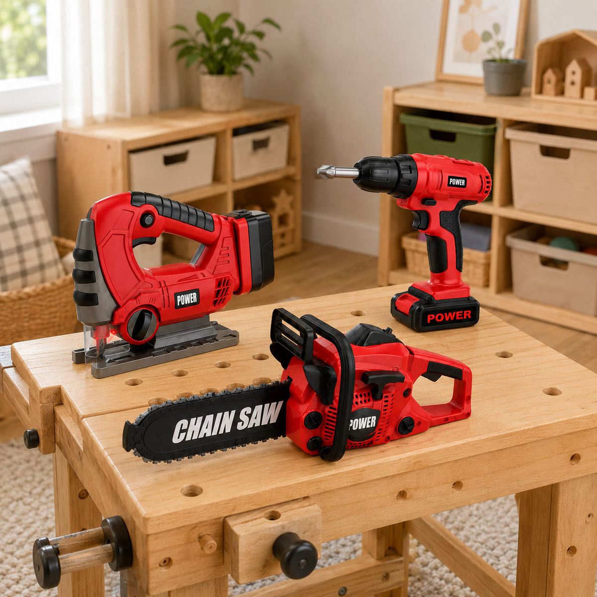Kids 3-Piece Battery-Powered Toy Power Tool Set - Drill, Jigsaw & Chainsaw