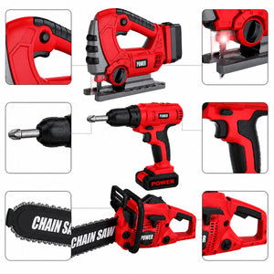 Kids 3-Piece Battery-Powered Toy Power Tool Set - Drill, Jigsaw & Chainsaw