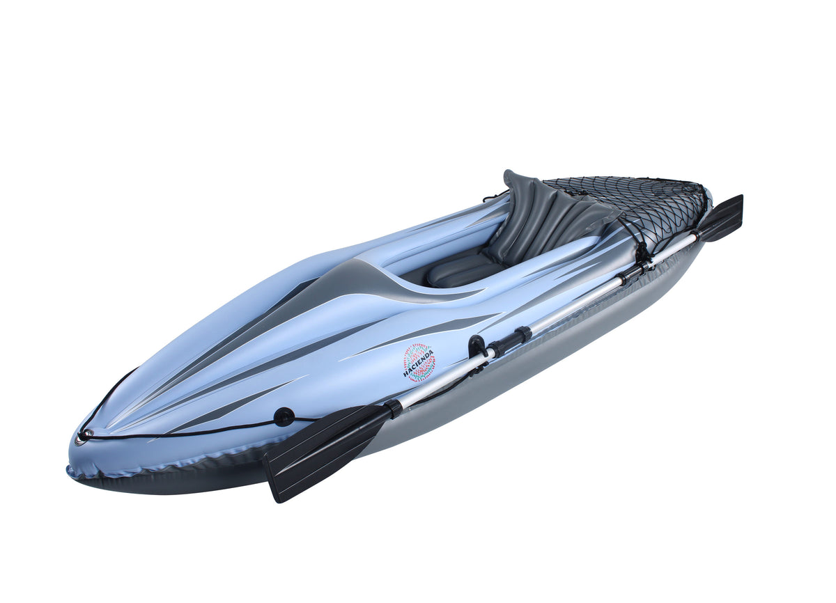 Inflatable Single Person Kayak with oar and cargo net.
