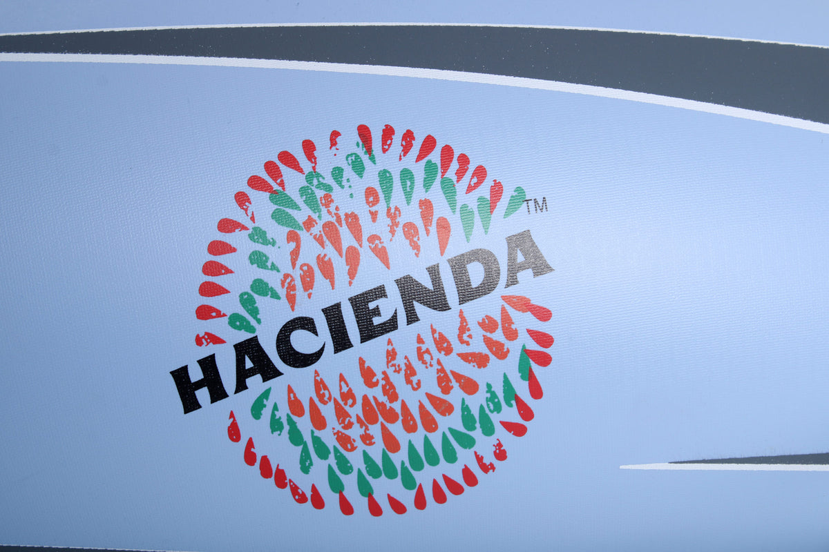 Hacienda logo close up of the Inflatable Single Person Kayak.