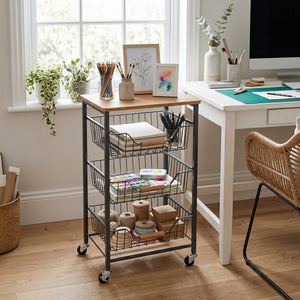 3-Tier Rolling Storage Cart with Wooden Top & Pull-Out Wire Baskets