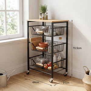 3-Tier Rolling Storage Cart with Wooden Top & Pull-Out Wire Baskets