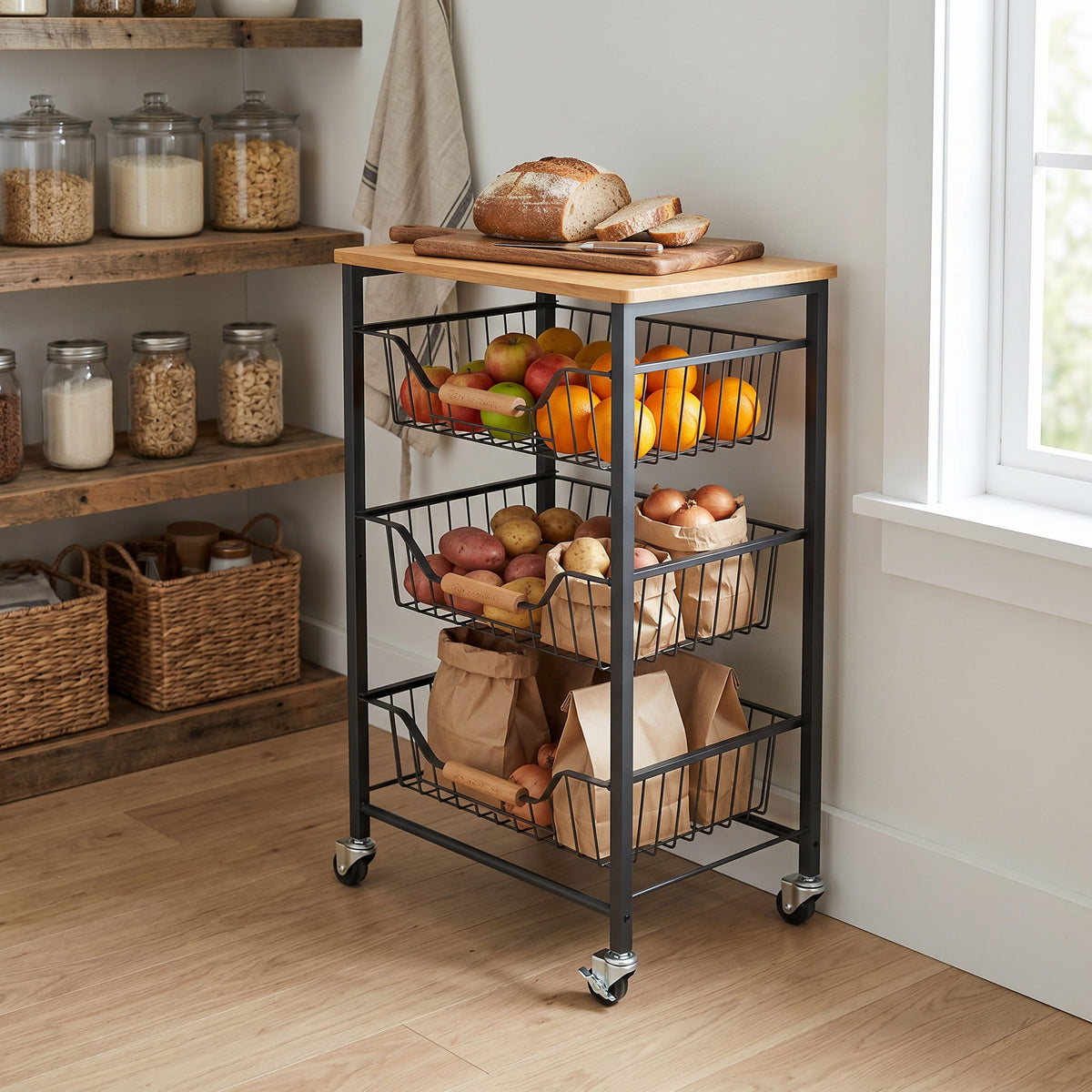 3-Tier Rolling Storage Cart with Wooden Top & Pull-Out Wire Baskets