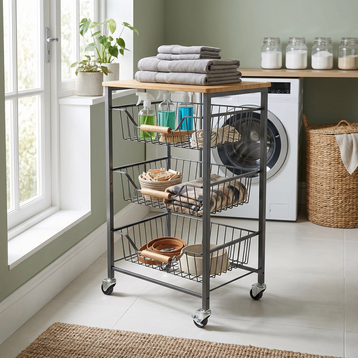 3-Tier Rolling Storage Cart with Wooden Top & Pull-Out Wire Baskets