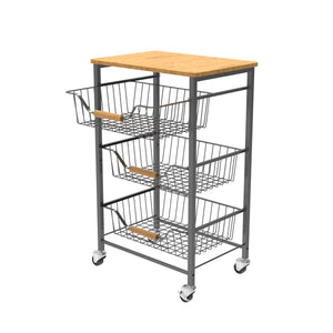 3-Tier Rolling Storage Cart with Wooden Top & Pull-Out Wire Baskets