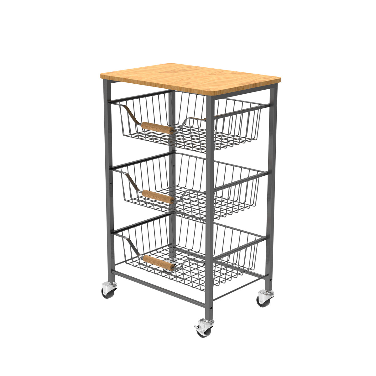 3-Tier Rolling Storage Cart with Wooden Top & Pull-Out Wire Baskets