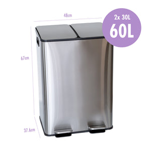 Stainless Steel Dual Compartment, 2 x 30L, Rubbish Bin