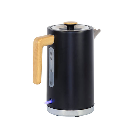 1.7L Kitchen Kettle in Black with Wood Accents on white background.