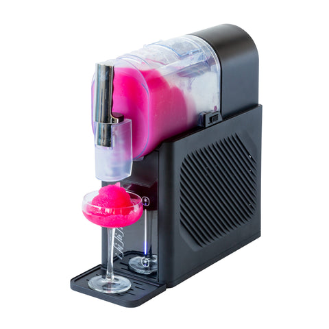 Slushie maker with pink slushie visible in the clear container on a white background