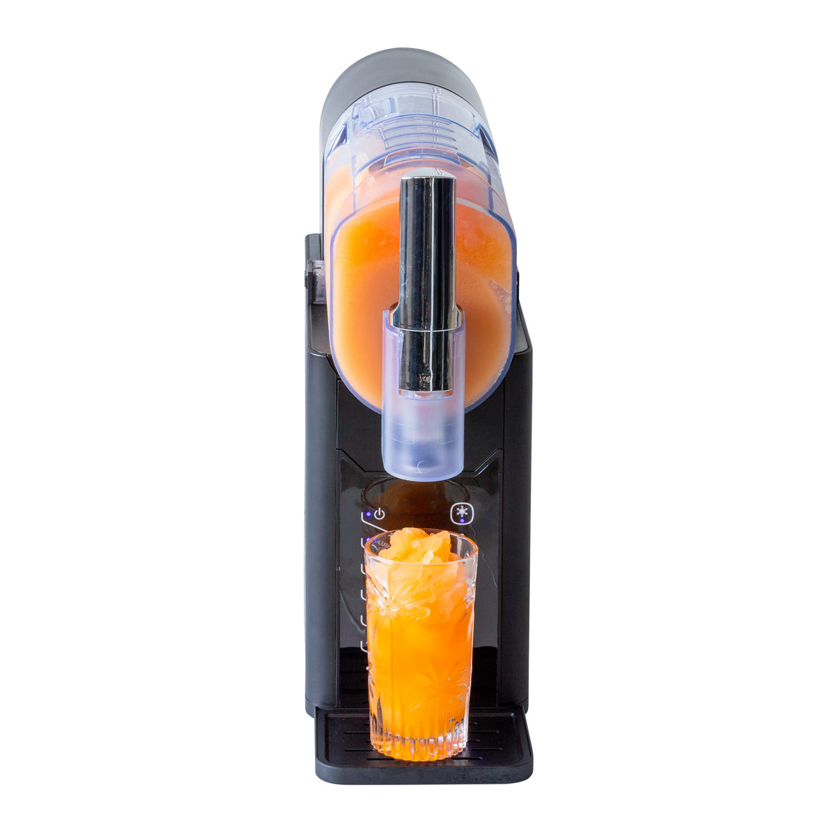 Orange juice slushie extracted into a tall glass on a white background