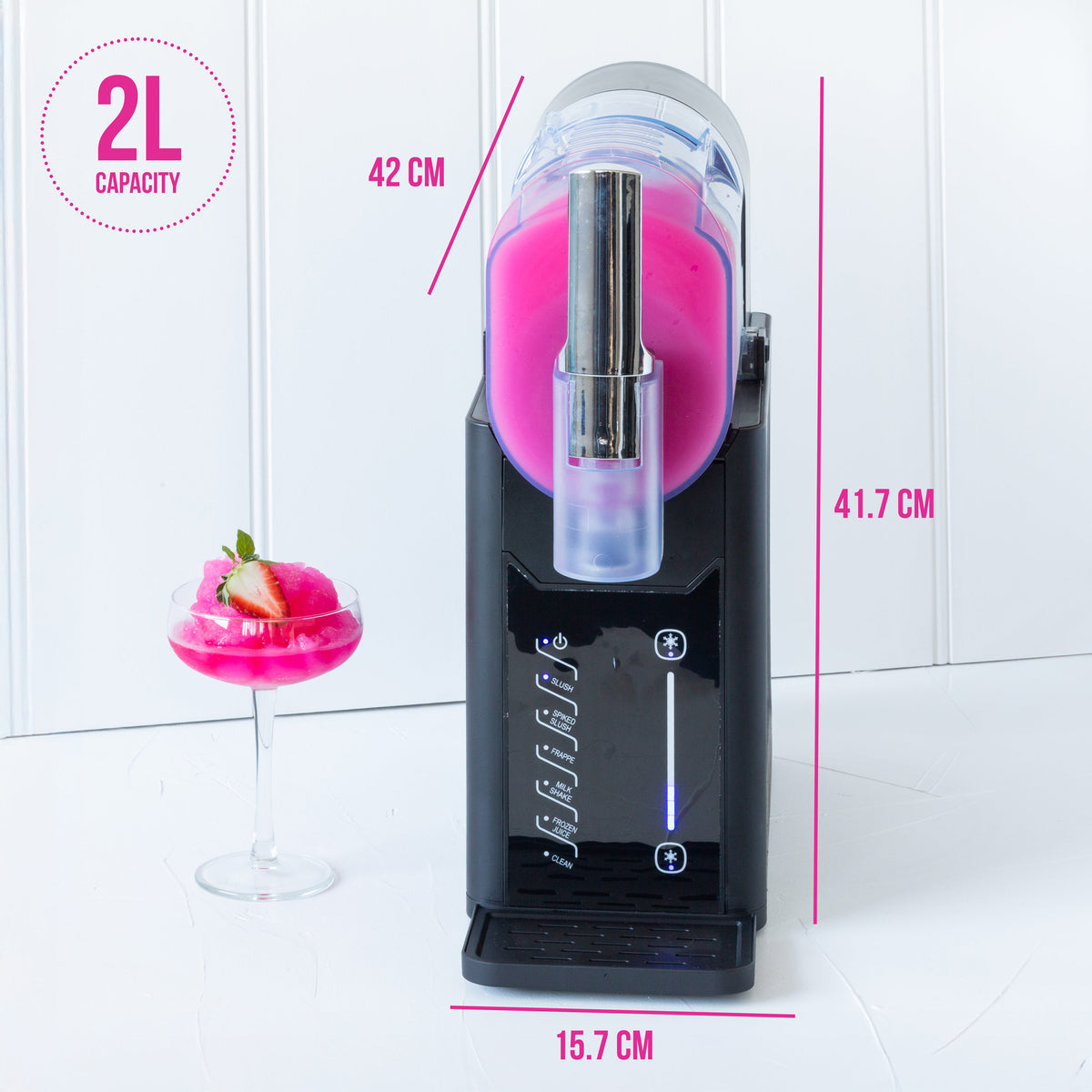 Slushie maker with dimensions marked.
