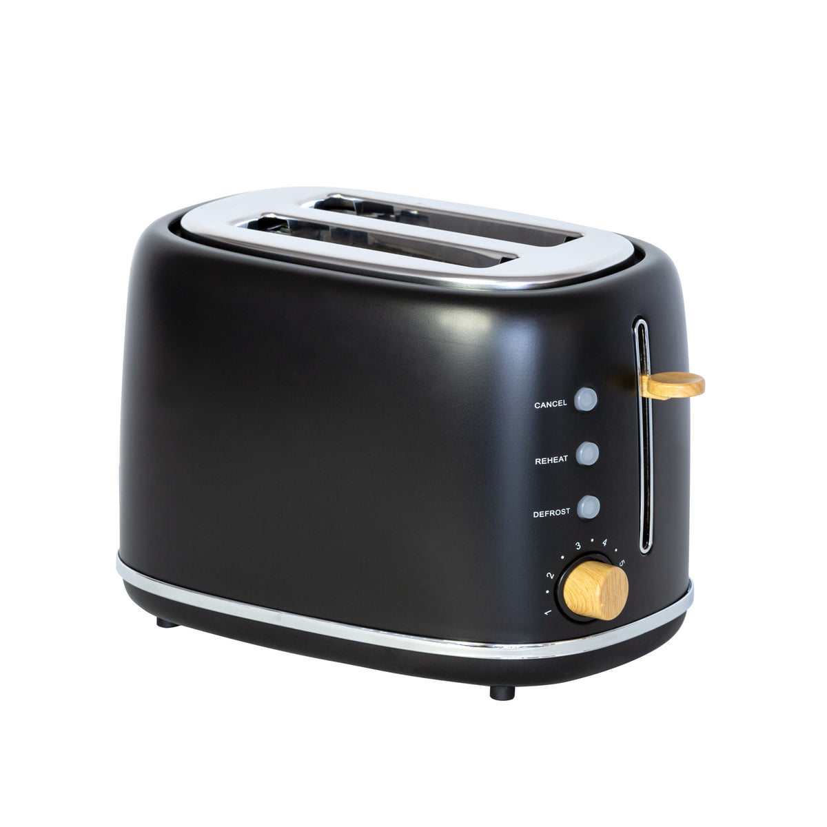 2-Slice Bread Toaster in Black with Wood Accents on white background