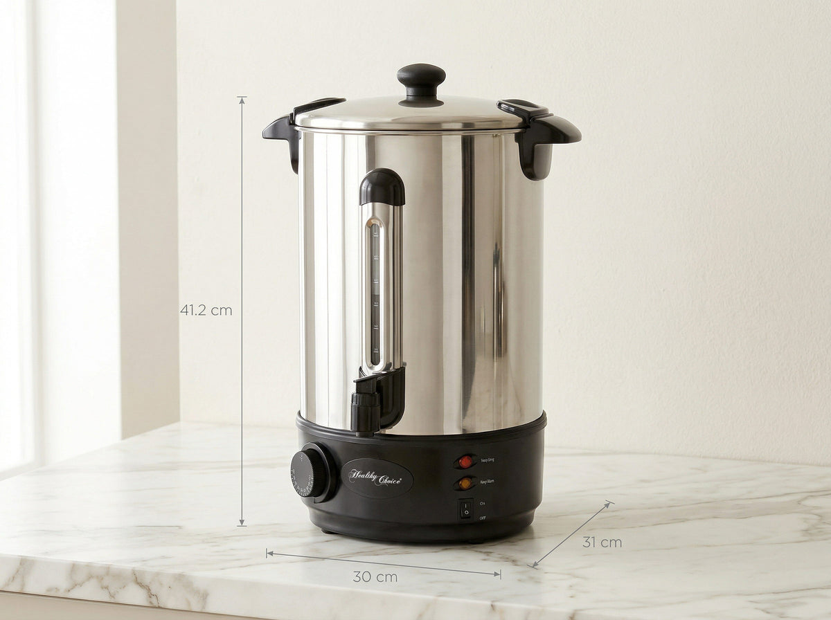 Stainless steel urn with dimensions displayed on a marble surface