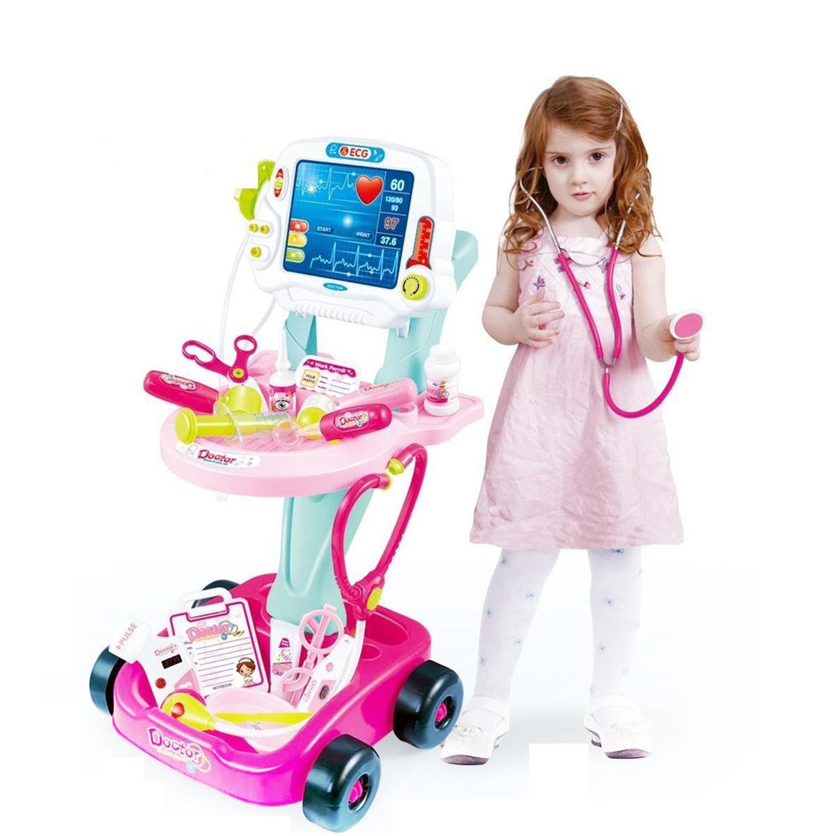 Kids Children's Doctors Medical Cart & ECG Machine for Toddler Play