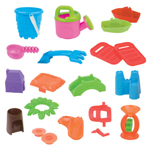 18 accessories of the play table - including a blue castle-shaped bucket, a purple house and a plam tree.