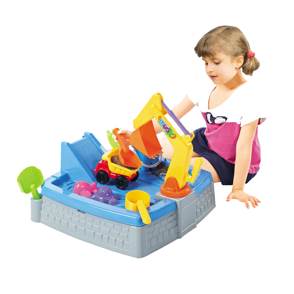 Girl playing with the sandpit box, with the lid closed.