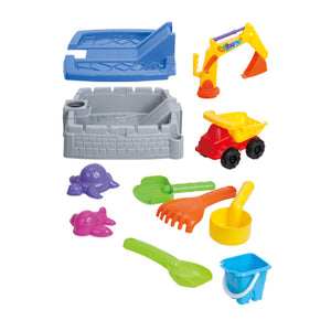 Accessories of the sand pit with a lid, excavator and a blue castle-shaped bucket.
