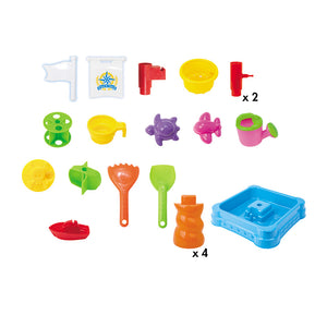 Accessories of the sand & water table - including purple turtle, red boat and a pink watering can.