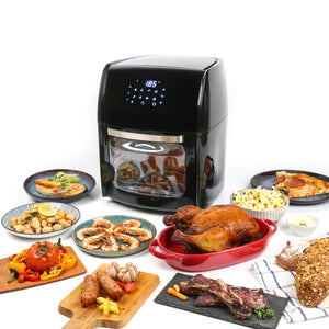 AF1400 surrounded by plates of food cooked in the 14L air fryer, including a whole chicken, prawns, pizza and vegetables.