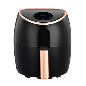 AF720 Air Fryer, gloss black with rose gold trims front view on white background.
